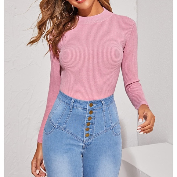 Pink Round Neck Long Sleeve Ribbed Light Sweater - Picture 4 of 6